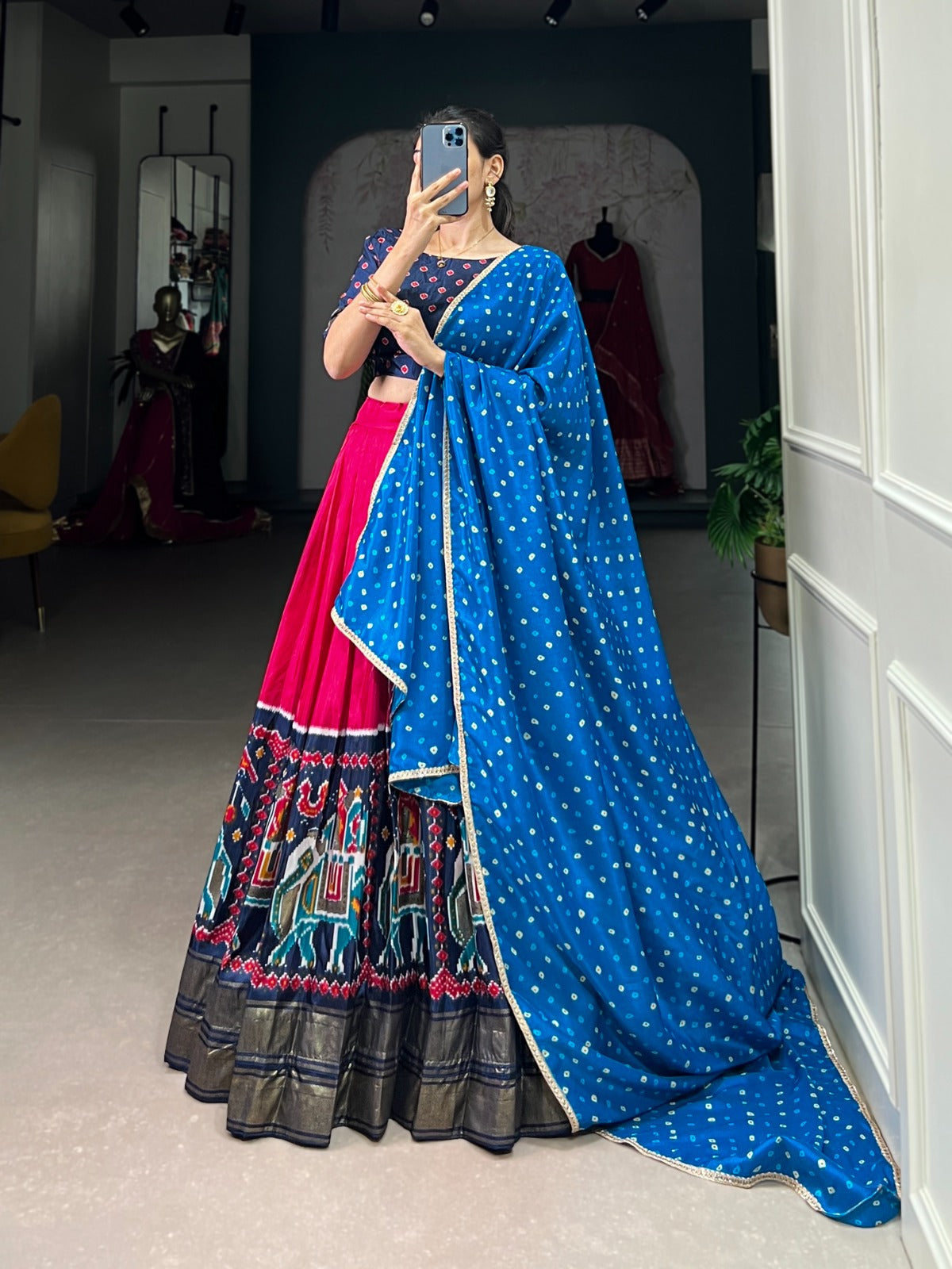 Lorenvalley Pink Dola Silk Patola Print and foil work Lehenga Choli with Dupatta | Swadesiicart