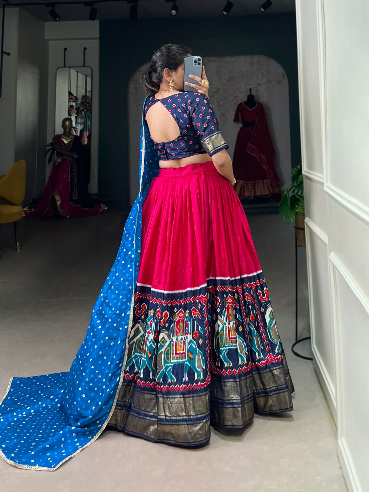 Lorenvalley Pink Dola Silk Patola Print and foil work Lehenga Choli with Dupatta | Swadesiicart