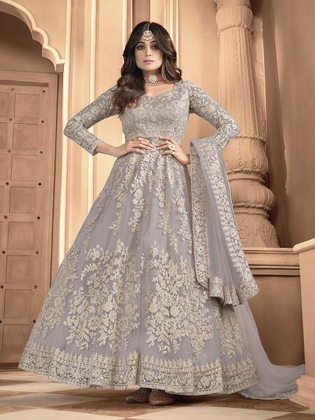 Myra Dusty Grey Butterfly Net Embroidered Anarkali Suit | Swadesiicart