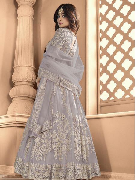Myra Dusty Grey Butterfly Net Embroidered Anarkali Suit | Swadesiicart