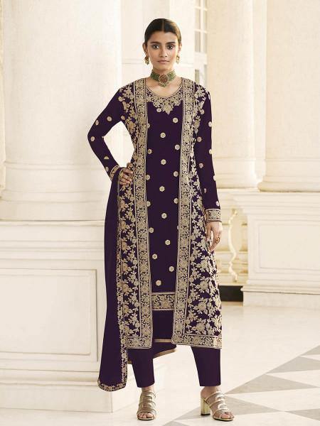 Myra Wine Jacket style Heavy Embroidered Suit | Swadesiicart