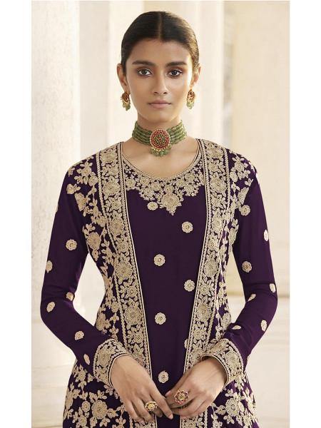 Myra Wine Jacket style Heavy Embroidered Suit | Swadesiicart