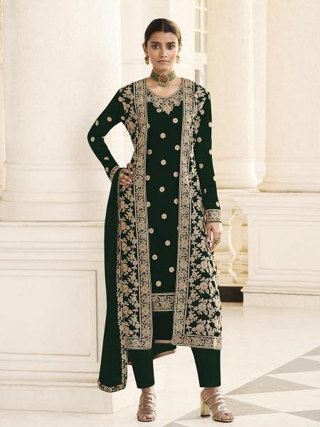 Myra Deep Green Jacket style Heavy Embroidered Suit | Swadesiicart