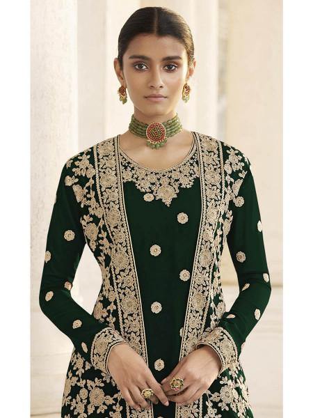 Myra Deep Green Jacket style Heavy Embroidered Suit | Swadesiicart