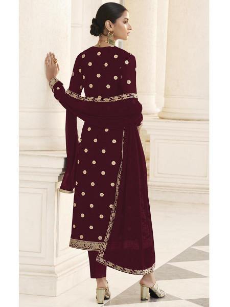 Myra Maroon Jacket style Heavy Embroidered Suit | Swadesiicart