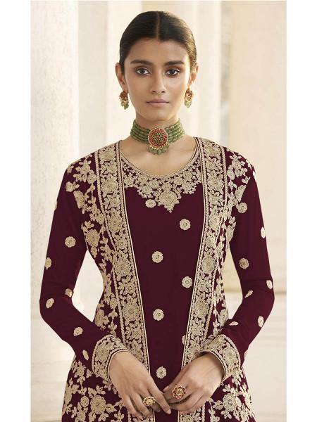 Myra Maroon Jacket style Heavy Embroidered Suit | Swadesiicart