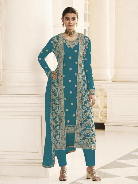 Myra Rama Jacket style Heavy Embroidered Suit | Swadesiicart