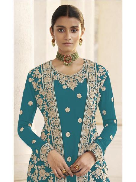 Myra Rama Jacket style Heavy Embroidered Suit | Swadesiicart