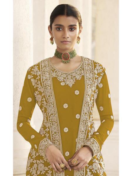 Myra Mustard Yellow Jacket style Heavy Embroidered Suit | Swadesiicart