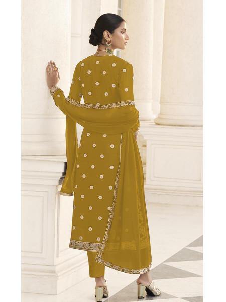 Myra Mustard Yellow Jacket style Heavy Embroidered Suit | Swadesiicart