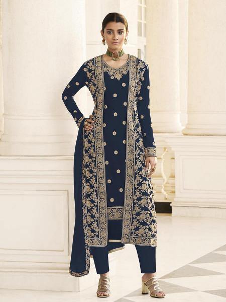 Myra Navy Blue Jacket style Heavy Embroidered Suit | Swadesiicart