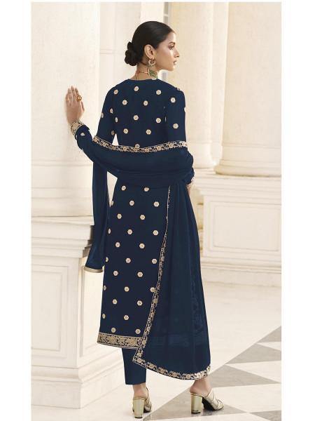 Myra Navy Blue Jacket style Heavy Embroidered Suit | Swadesiicart