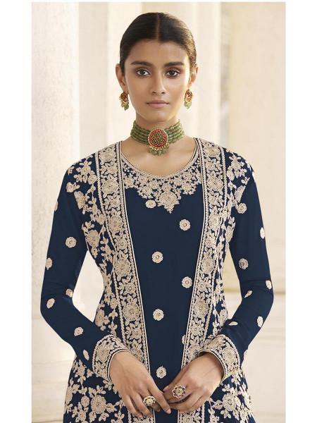 Myra Navy Blue Jacket style Heavy Embroidered Suit | Swadesiicart