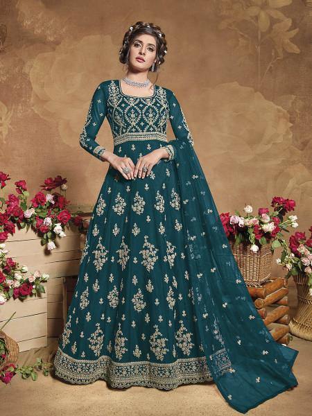 Myra Rama Green Heavy Embroidered Butterfly Net Anarkali Suit | Swadesiicart