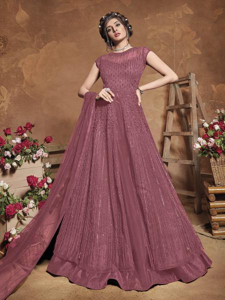 Myra Dusty Pink Heavy Embroidered Butterfly Net Anarkali Suit | Swadesiicart