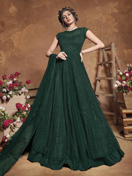 Myra Bottle Green Heavy Embroidered Gown Suit | Swadesiicart