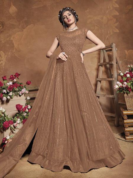 Myra Beige Heavy Embroidered Gown Suit | Swadesiicart
