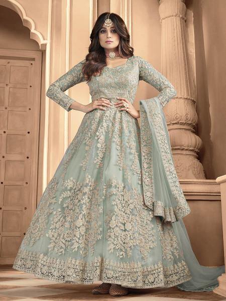 Myra Dusty Sea Blue Heavy Embroidered Anarkali Suit | Swadesiicart