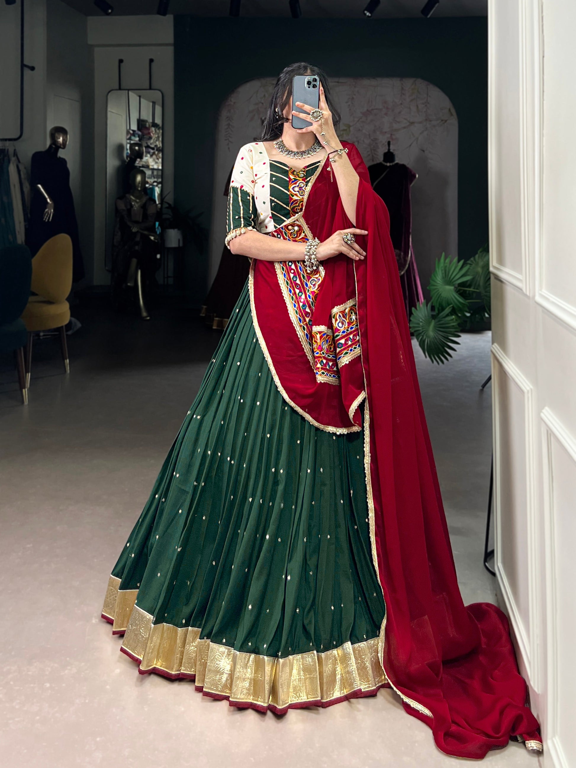 Lorenvalley Green Chiffon Sequins And Thread Embroidery Work With Embossed Design Lace Touch Up Lehenga Choli with Dupatta | Swadesiicart