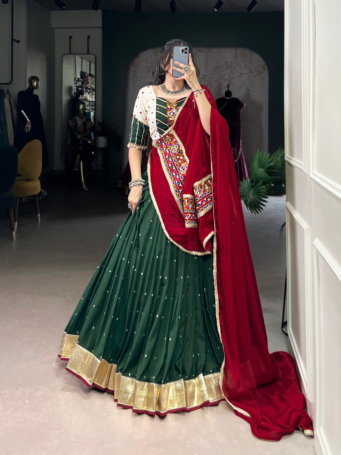 Lorenvalley Green Chiffon Sequins And Thread Embroidery Work With Embossed Design Lace Touch Up Lehenga Choli with Dupatta | Swadesiicart