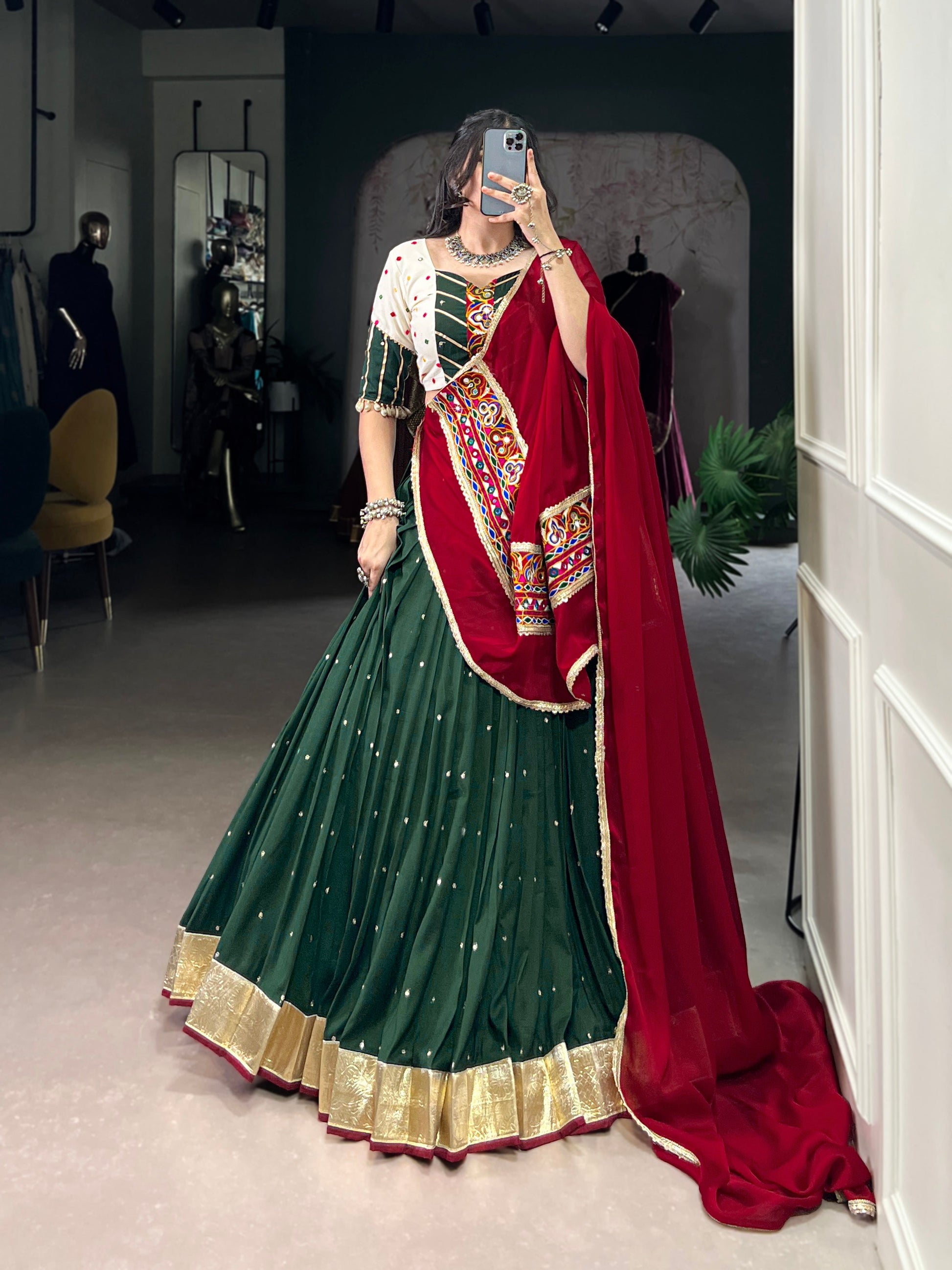 Lorenvalley Green Chiffon Sequins And Thread Embroidery Work With Embossed Design Lace Touch Up Lehenga Choli with Dupatta | Swadesiicart