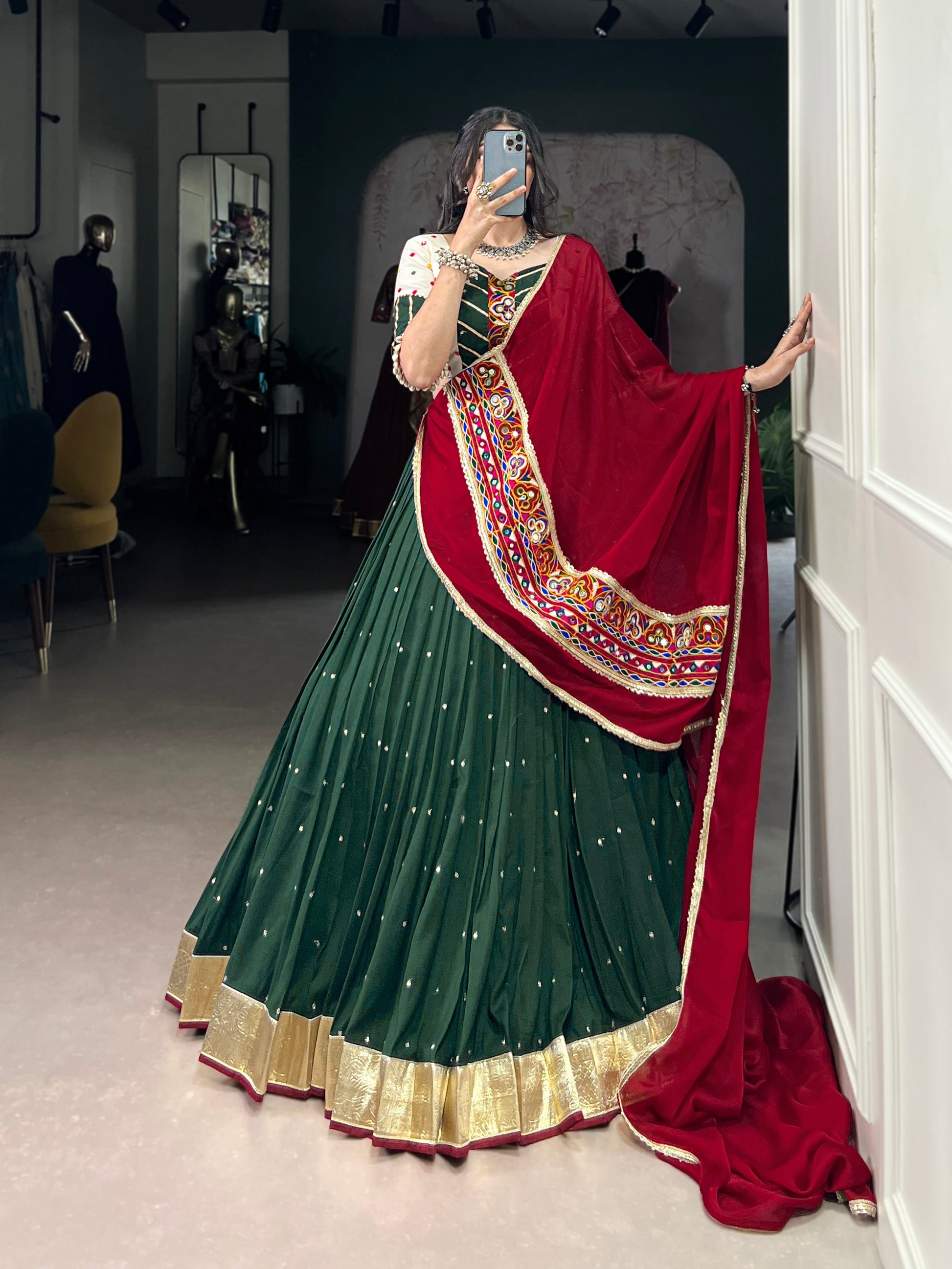 Lorenvalley Green Chiffon Sequins And Thread Embroidery Work With Embossed Design Lace Touch Up Lehenga Choli with Dupatta | Swadesiicart