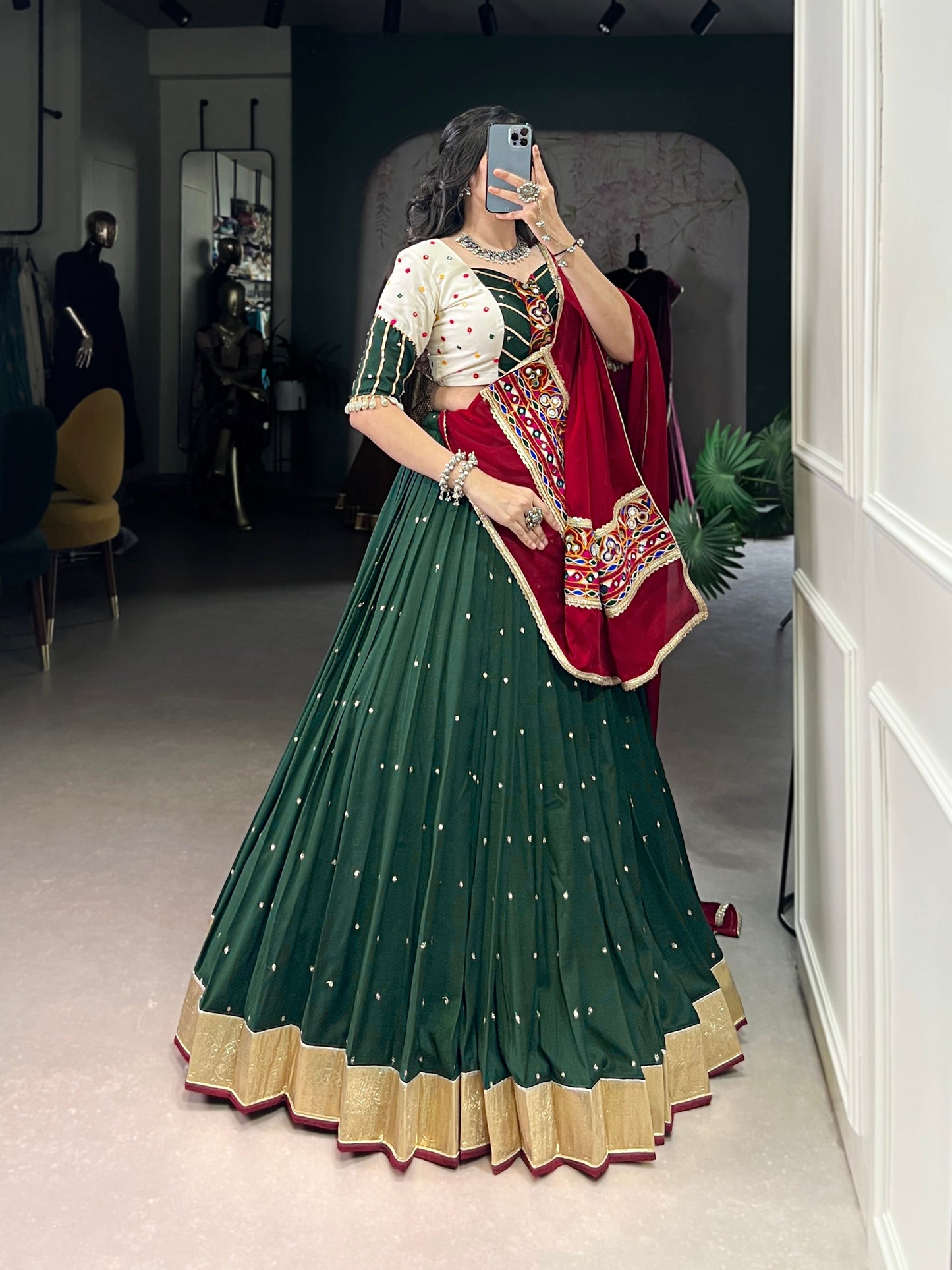 Lorenvalley Green Chiffon Sequins And Thread Embroidery Work With Embossed Design Lace Touch Up Lehenga Choli with Dupatta | Swadesiicart