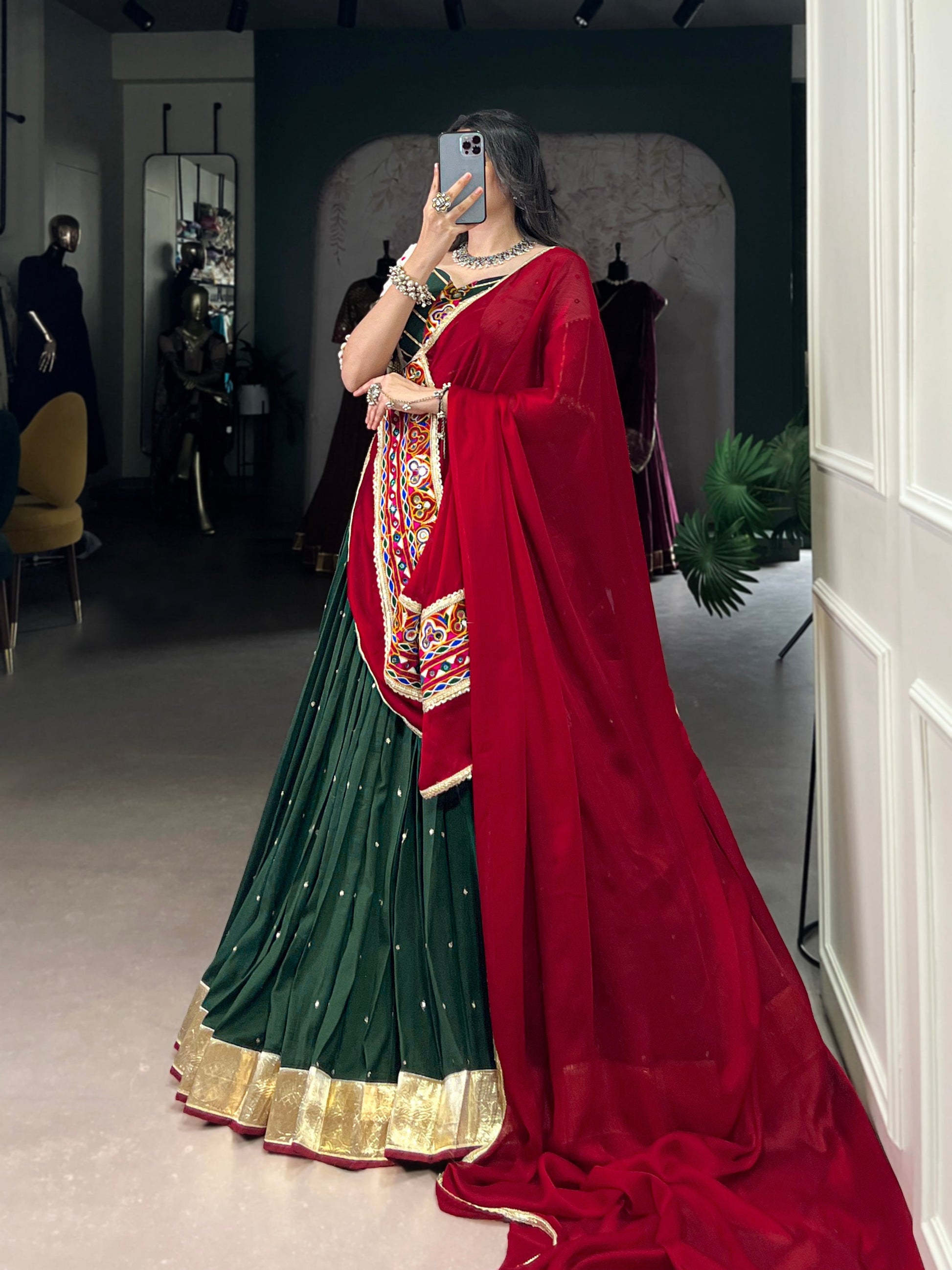 Lorenvalley Green Chiffon Sequins And Thread Embroidery Work With Embossed Design Lace Touch Up Lehenga Choli with Dupatta | Swadesiicart