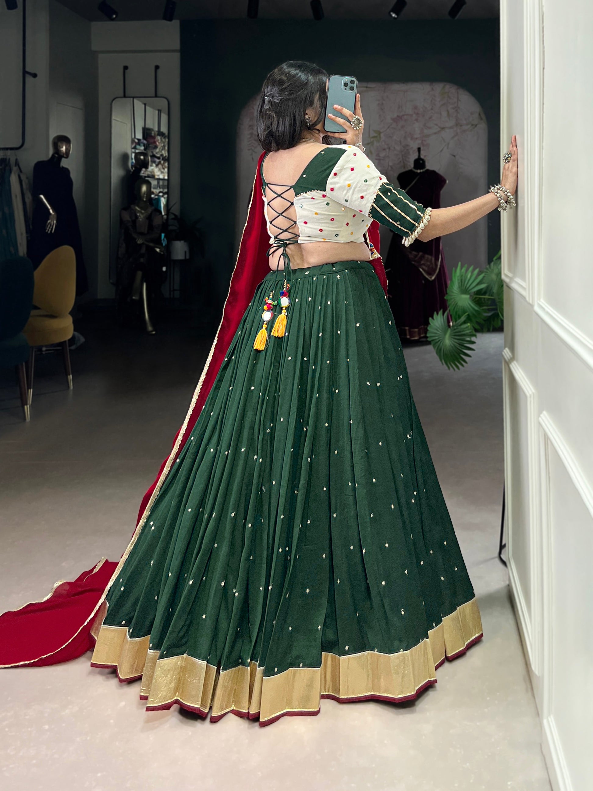 Lorenvalley Green Chiffon Sequins And Thread Embroidery Work With Embossed Design Lace Touch Up Lehenga Choli with Dupatta | Swadesiicart