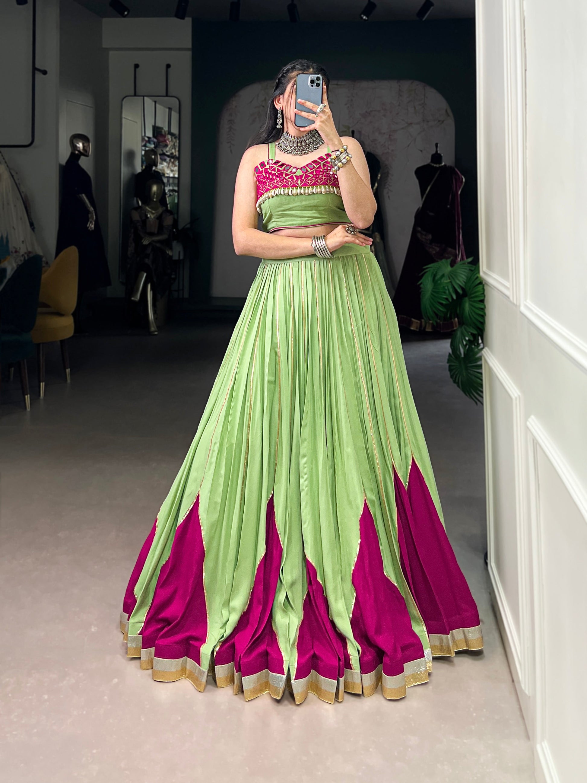 Lorenvalley Fashion Parrot Pure Rayon Embossed Design With Gotta Patti Lace Touch Up Lehenga Choli | Swadesiicart