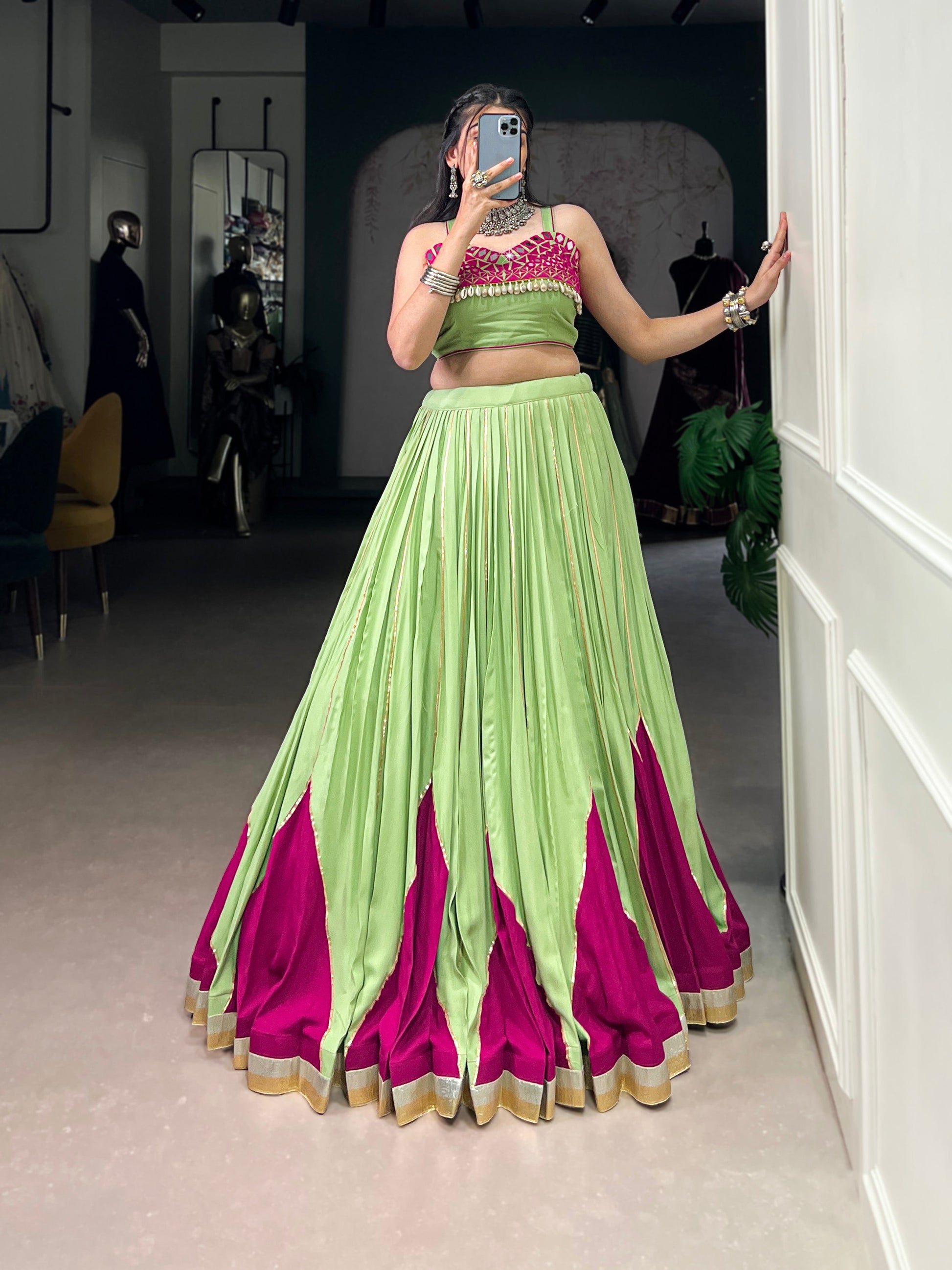 Lorenvalley Fashion Parrot Pure Rayon Embossed Design With Gotta Patti Lace Touch Up Lehenga Choli | Swadesiicart