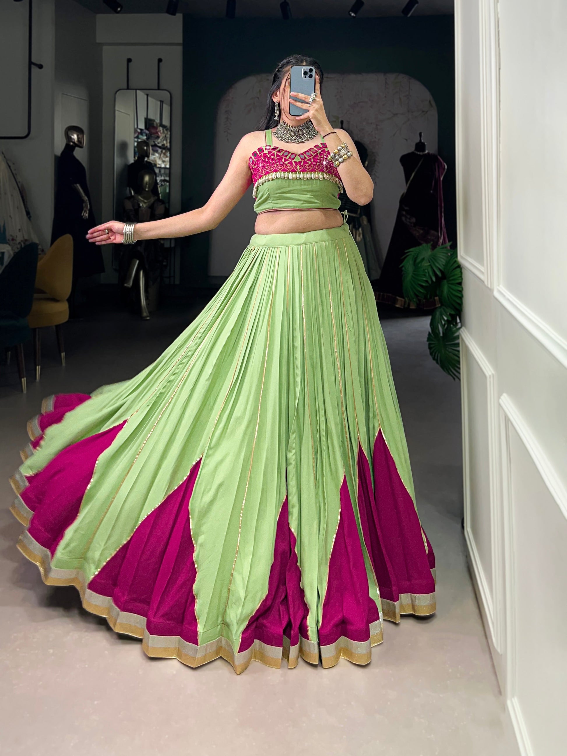 Lorenvalley Fashion Parrot Pure Rayon Embossed Design With Gotta Patti Lace Touch Up Lehenga Choli | Swadesiicart