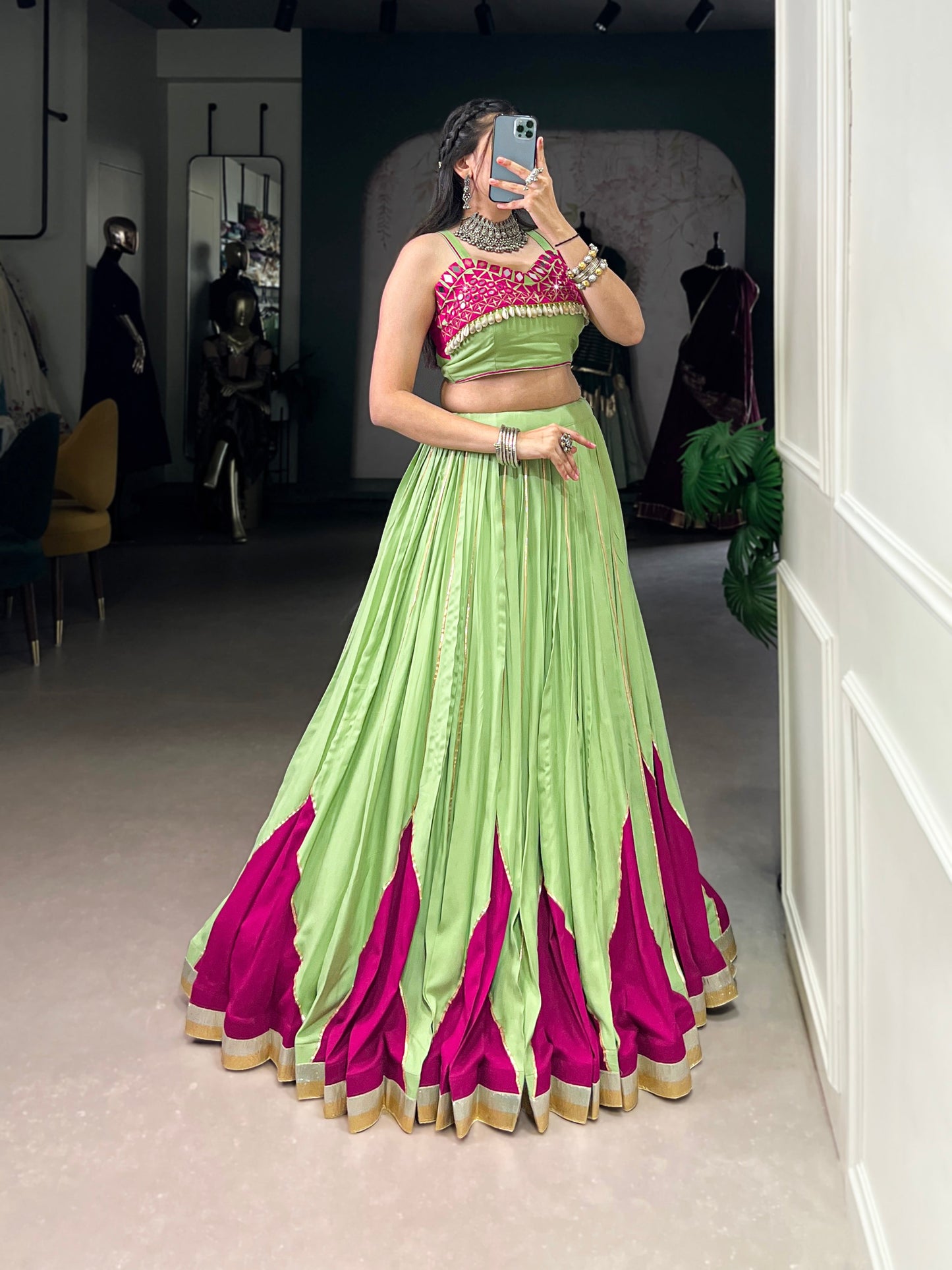 Lorenvalley Fashion Parrot Pure Rayon Embossed Design With Gotta Patti Lace Touch Up Lehenga Choli | Swadesiicart