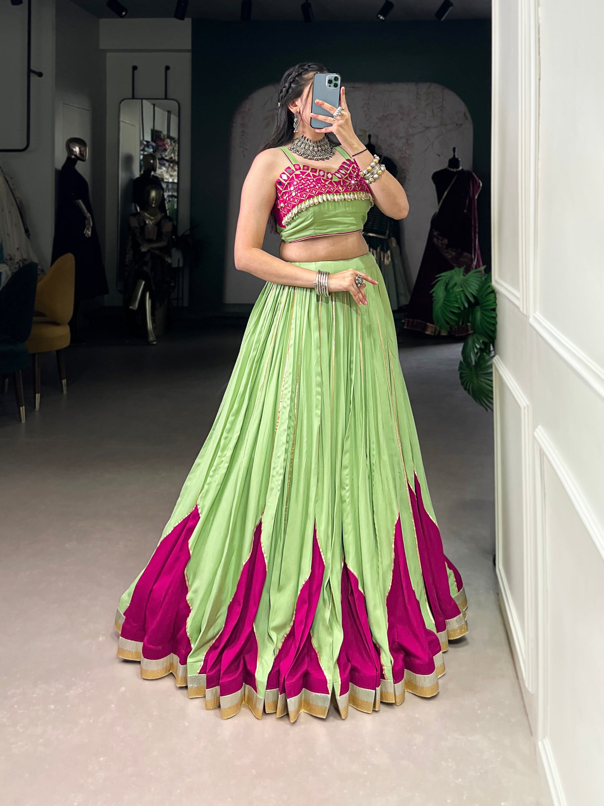 Lorenvalley Fashion Parrot Pure Rayon Embossed Design With Gotta Patti Lace Touch Up Lehenga Choli | Swadesiicart