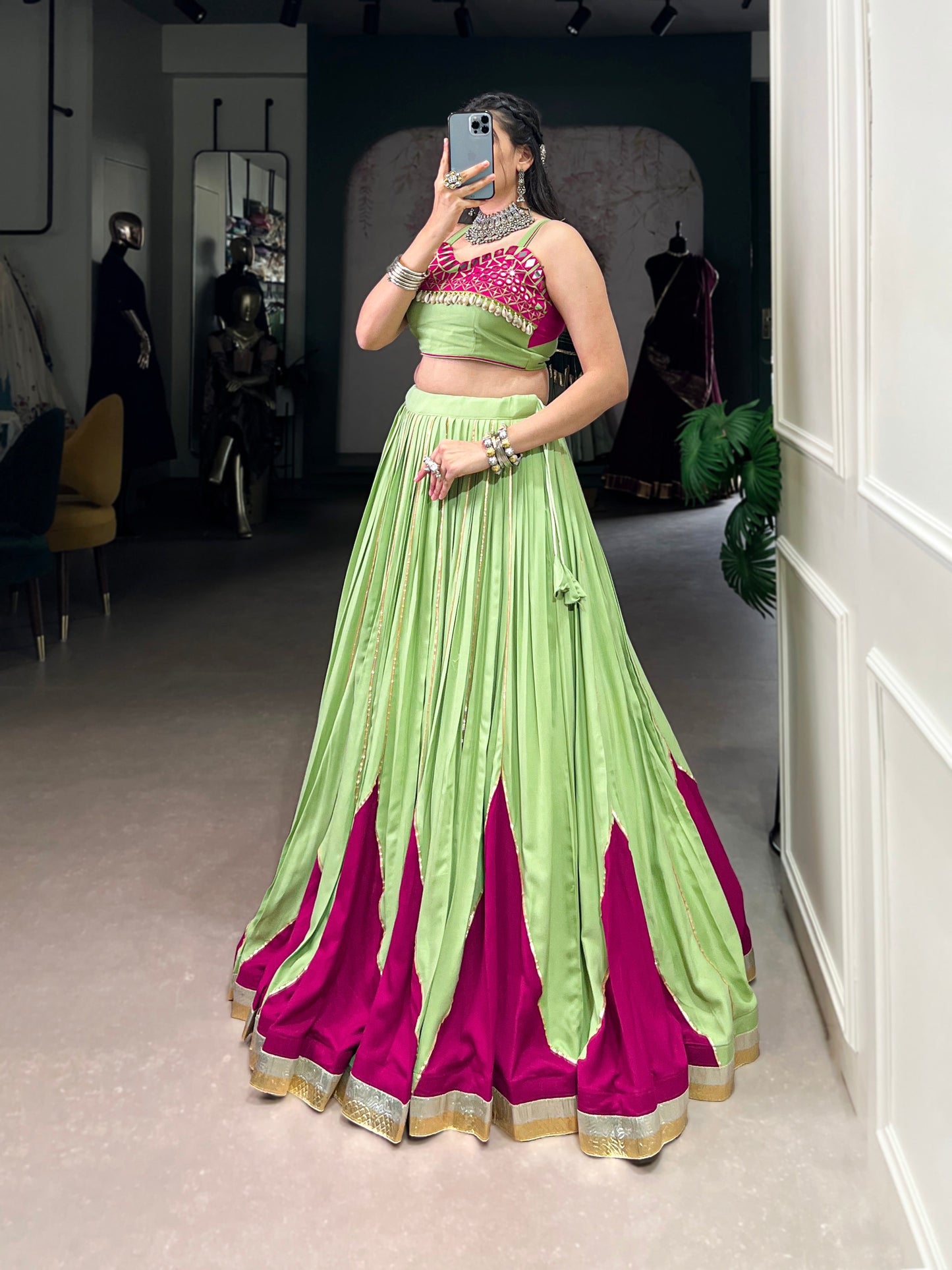Lorenvalley Fashion Parrot Pure Rayon Embossed Design With Gotta Patti Lace Touch Up Lehenga Choli | Swadesiicart