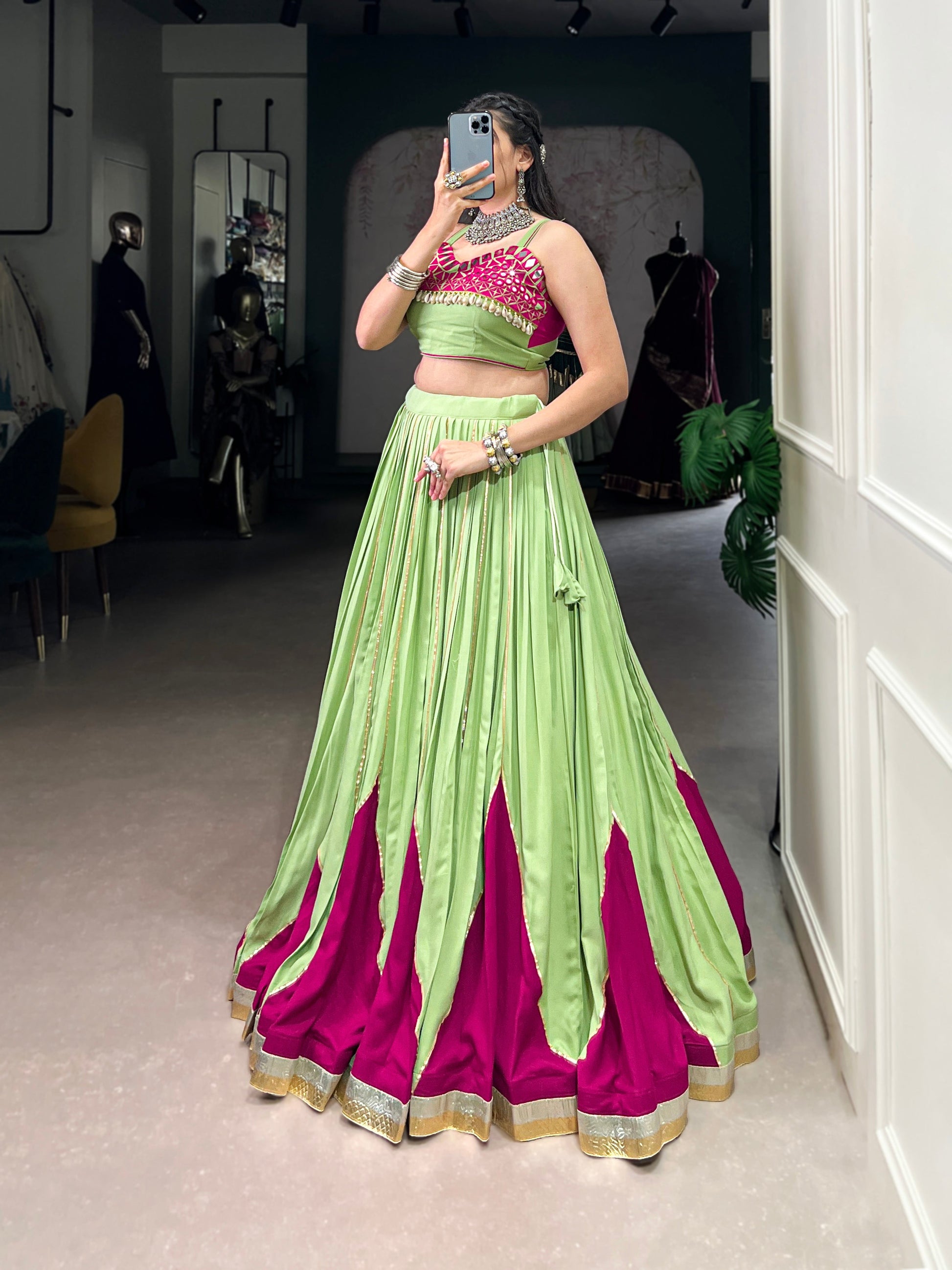 Lorenvalley Fashion Parrot Pure Rayon Embossed Design With Gotta Patti Lace Touch Up Lehenga Choli | Swadesiicart