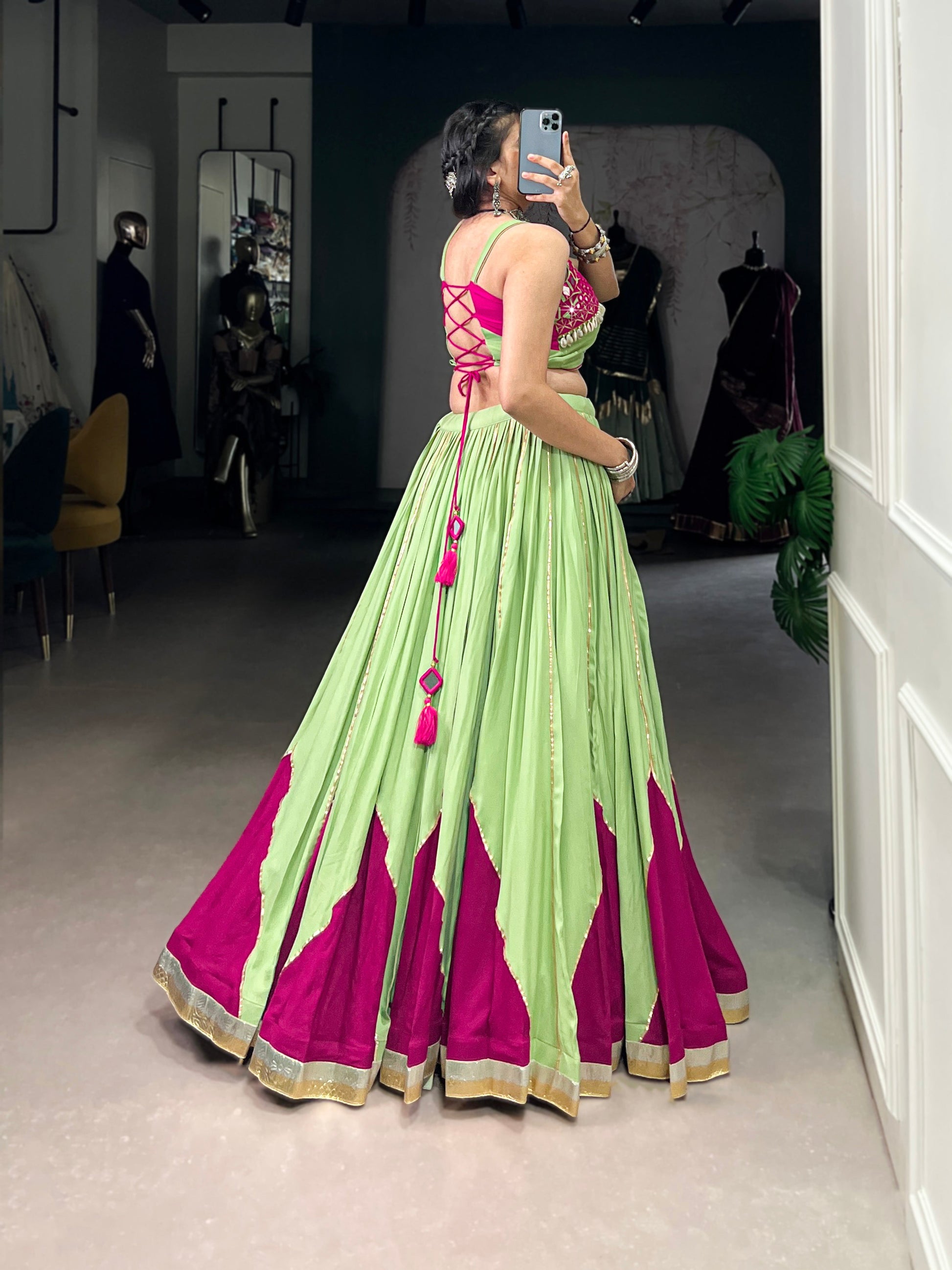Lorenvalley Fashion Parrot Pure Rayon Embossed Design With Gotta Patti Lace Touch Up Lehenga Choli | Swadesiicart