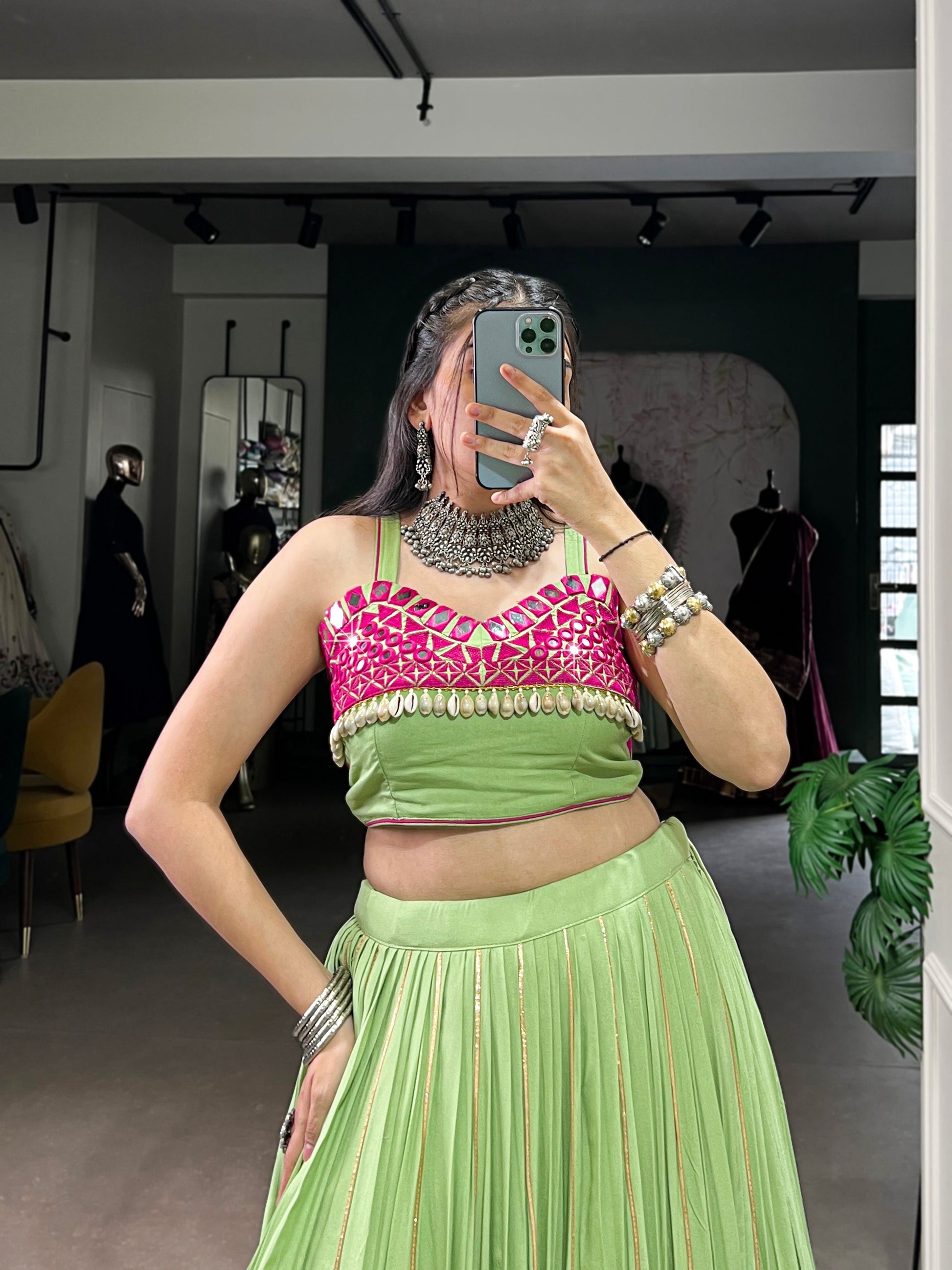 Lorenvalley Fashion Parrot Pure Rayon Embossed Design With Gotta Patti Lace Touch Up Lehenga Choli | Swadesiicart