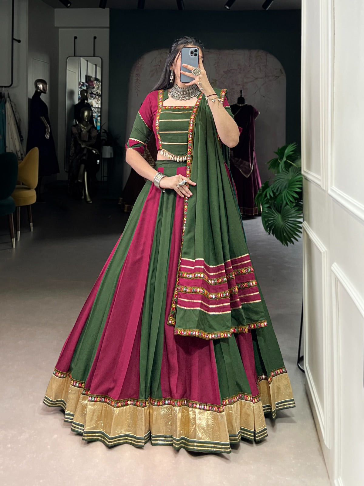 Lorenvalley Pure Rayon Embossed Design Lace With Gotta Patti And Peper Mirror Work Lace Touch Up Lehenga Choli with Dupatta | Swadesiicart