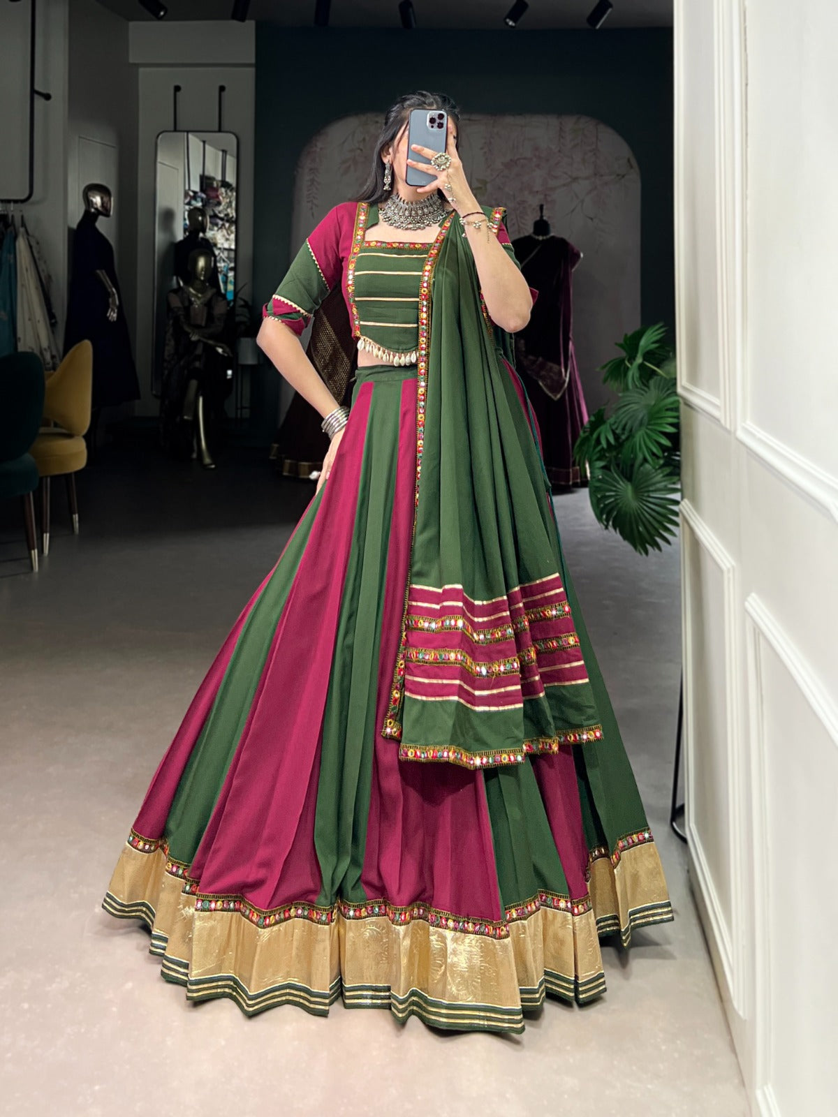 Lorenvalley Pure Rayon Embossed Design Lace With Gotta Patti And Peper Mirror Work Lace Touch Up Lehenga Choli with Dupatta | Swadesiicart