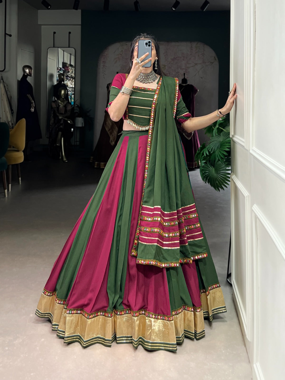 Lorenvalley Pure Rayon Embossed Design Lace With Gotta Patti And Peper Mirror Work Lace Touch Up Lehenga Choli with Dupatta | Swadesiicart