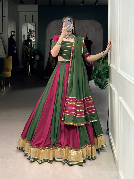 Lorenvalley Pure Rayon Embossed Design Lace With Gotta Patti And Peper Mirror Work Lace Touch Up Lehenga Choli with Dupatta | Swadesiicart