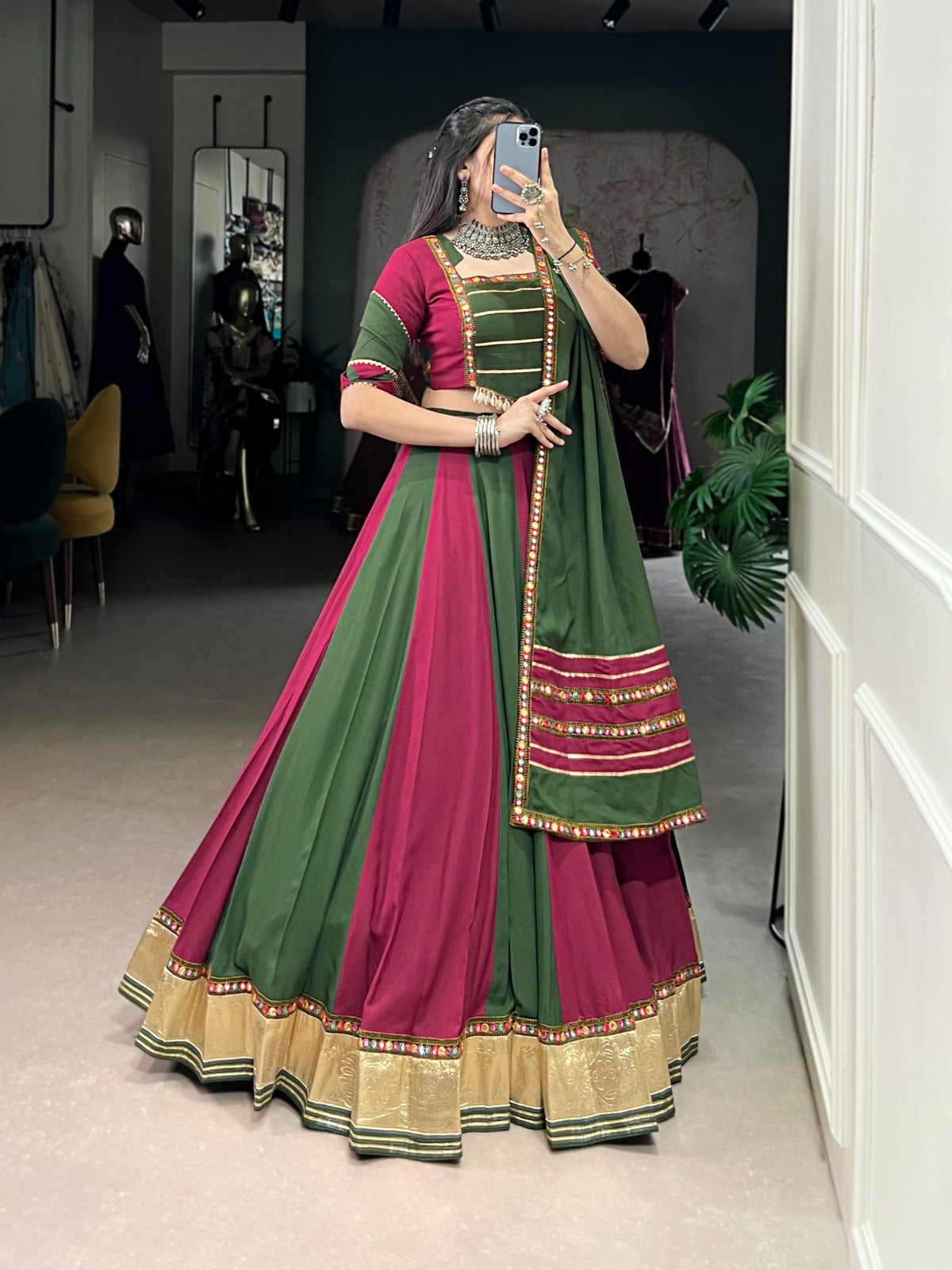 Lorenvalley Pure Rayon Embossed Design Lace With Gotta Patti And Peper Mirror Work Lace Touch Up Lehenga Choli with Dupatta | Swadesiicart