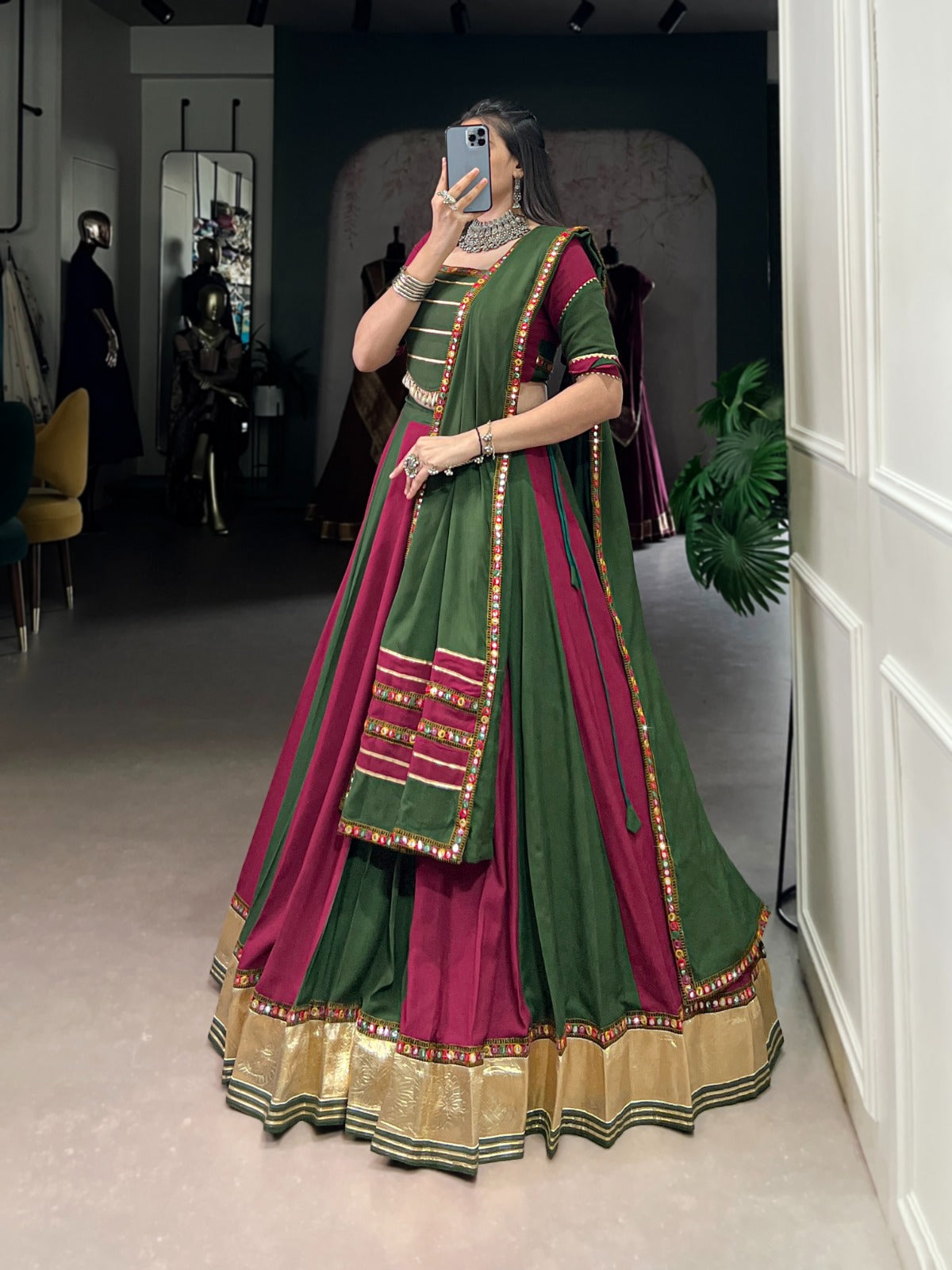 Lorenvalley Pure Rayon Embossed Design Lace With Gotta Patti And Peper Mirror Work Lace Touch Up Lehenga Choli with Dupatta | Swadesiicart