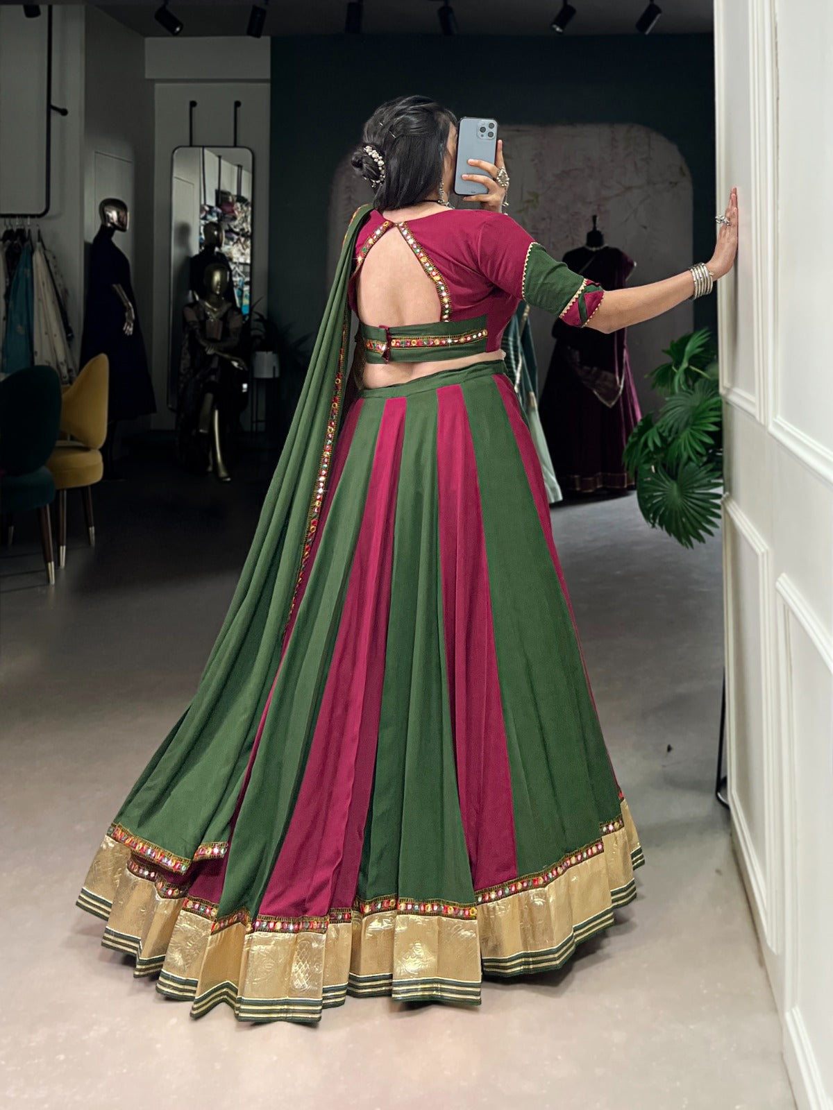 Lorenvalley Pure Rayon Embossed Design Lace With Gotta Patti And Peper Mirror Work Lace Touch Up Lehenga Choli with Dupatta | Swadesiicart