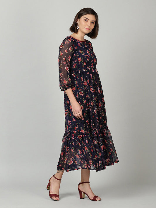 Souchii Women Navy Blue & Red Floral Chiffon A-Line Tiered Dress - Swadesiicart