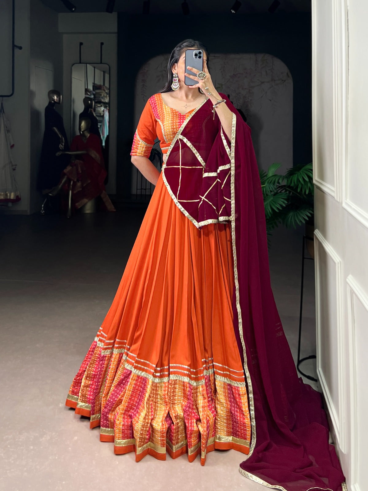 Lorenvalley Fashion Orange Pure Rayon Bandhej Print with Sequins Lace Boarder Lehenga Choli with Dupatta | Swadesiicart