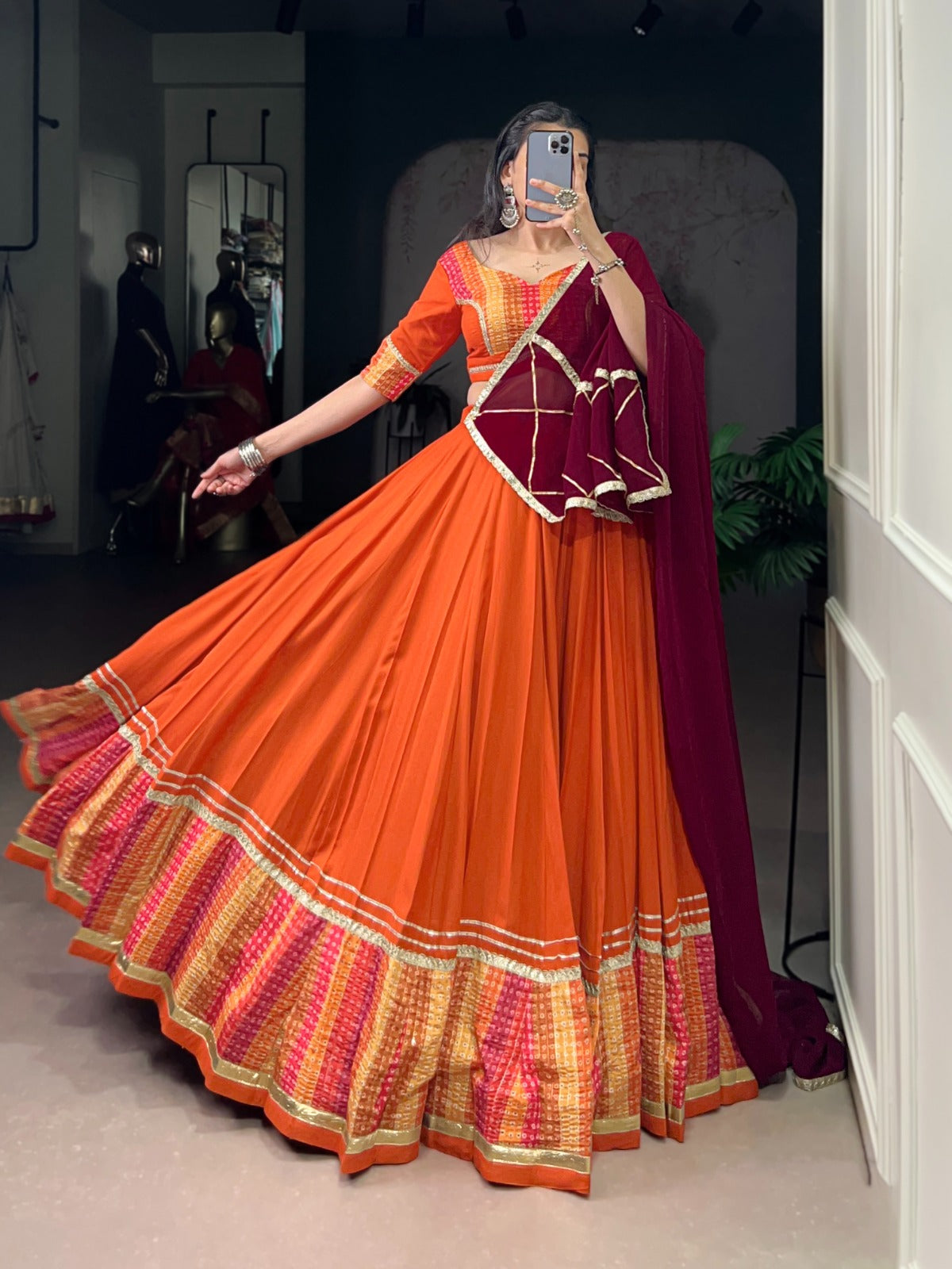 Lorenvalley Fashion Orange Pure Rayon Bandhej Print with Sequins Lace Boarder Lehenga Choli with Dupatta | Swadesiicart
