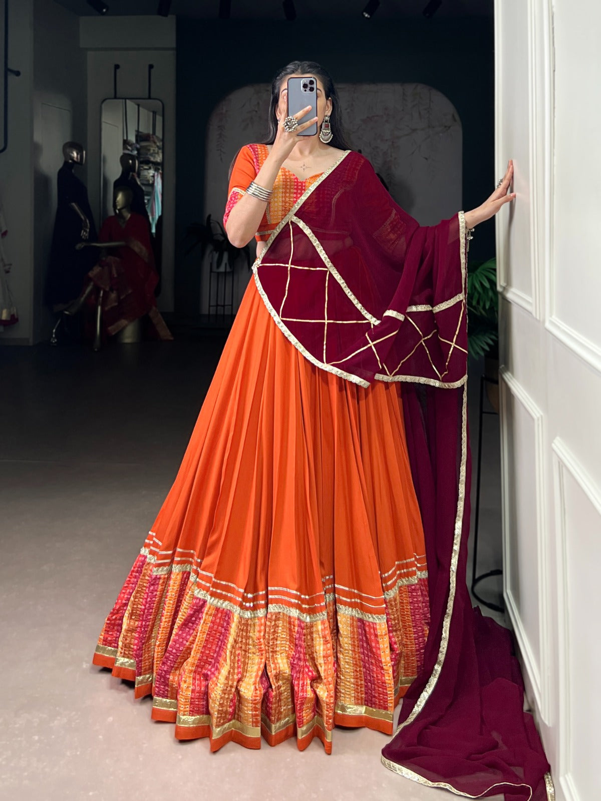 Lorenvalley Fashion Orange Pure Rayon Bandhej Print with Sequins Lace Boarder Lehenga Choli with Dupatta | Swadesiicart