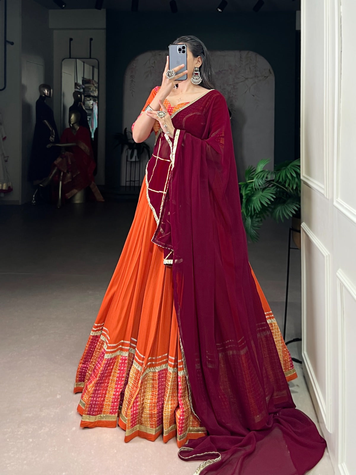 Lorenvalley Fashion Orange Pure Rayon Bandhej Print with Sequins Lace Boarder Lehenga Choli with Dupatta | Swadesiicart